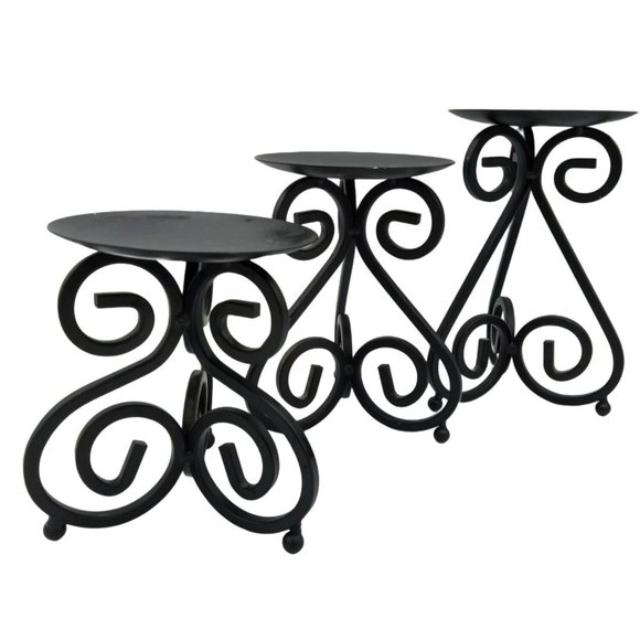 Black Wrought Iron Graduated Tier Scrollwork Pillar Candlestick Holder Set of 3 - Picture 1 of 11